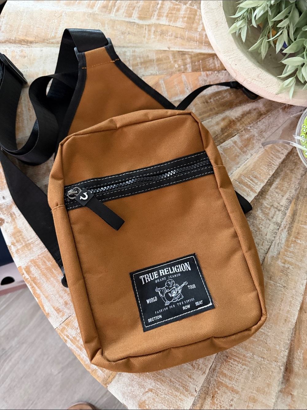 True Religion Tan & Black Sling Bag